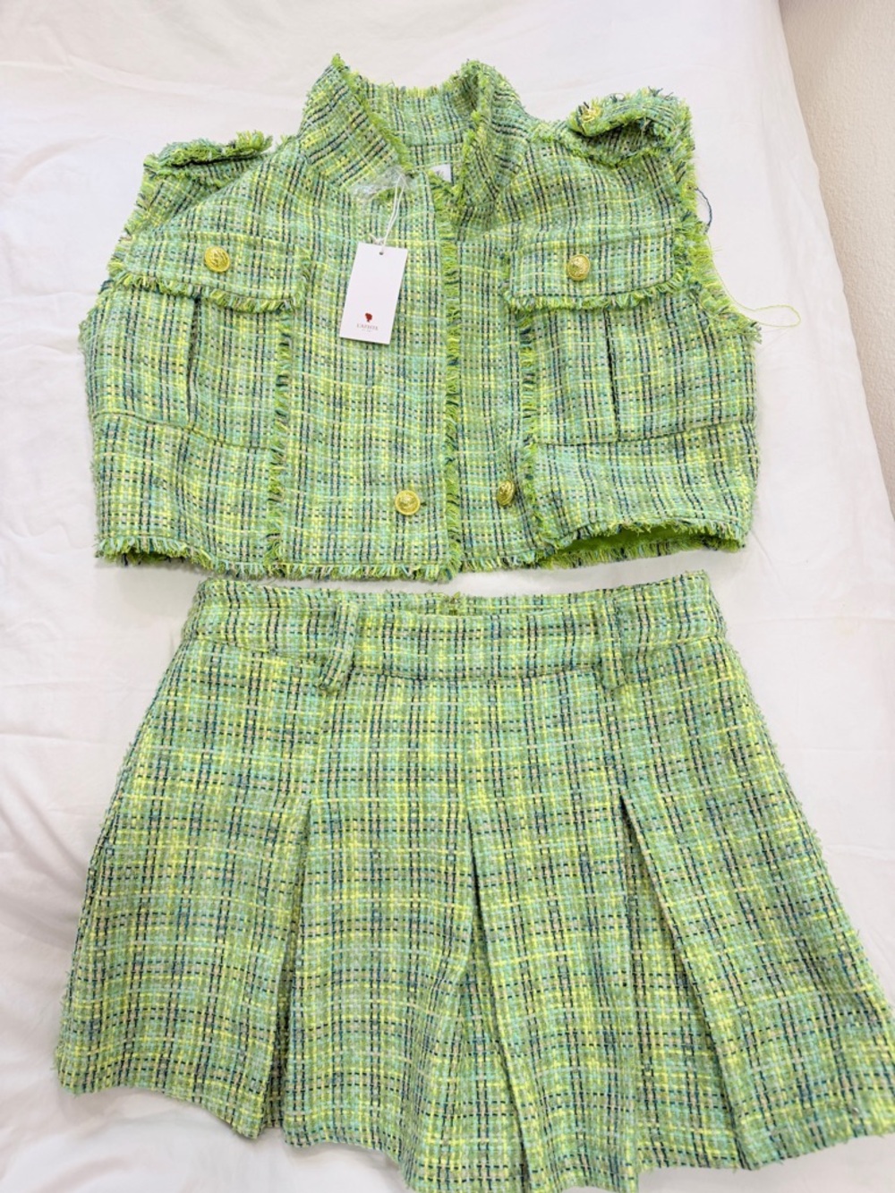 Latiste Green Tweed 2 Piece Set Large Cropped Jacket Pleated Skort - Picture 2 of 10